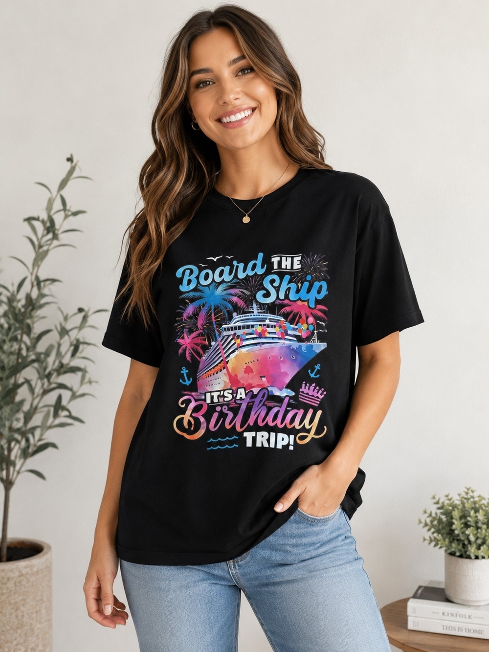 Black "Board the Ship" Birthday Trip Graphic Tee
